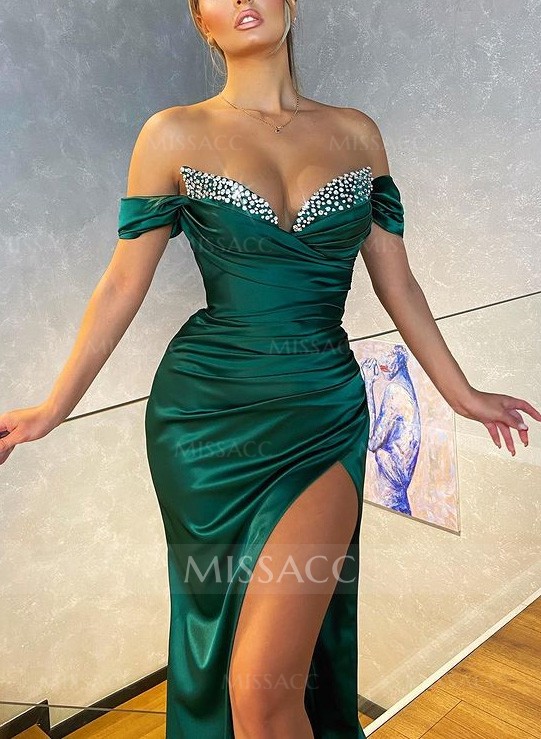 Beading Off-The-Shoulder High Slit Sheath/Column Evening Dresses