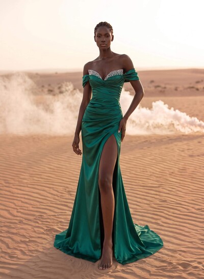 Beading Off-The-Shoulder High Slit Sheath/Column Evening Dresses