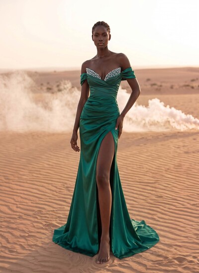 Beading Off-The-Shoulder High Slit Sheath/Column Evening Dresses