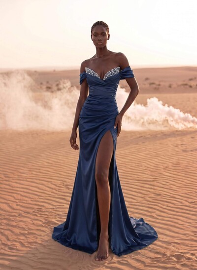 Beading Off-The-Shoulder High Slit Sheath/Column Evening Dresses