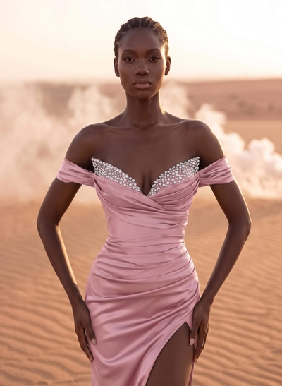 Beading Off-The-Shoulder High Slit Sheath/Column Evening Dresses