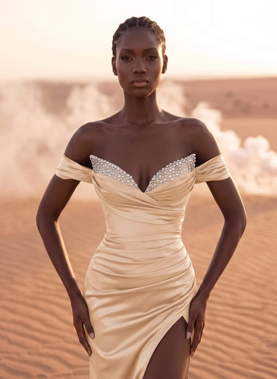 Beading Off-The-Shoulder High Slit Sheath/Column Evening Dresses