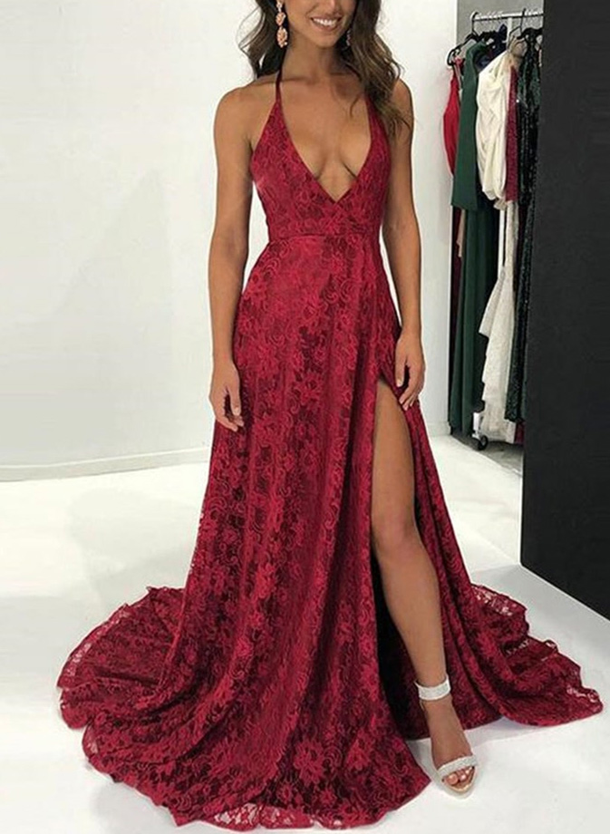 Deep V Backless Sexy Lace Evening Dresses