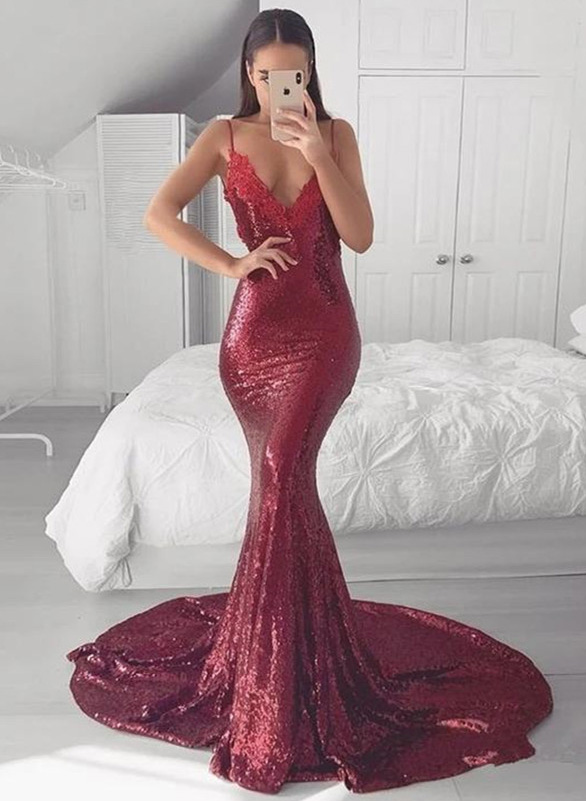 Backless Plunge Mermaid Sequined Evening Dresses With Lace