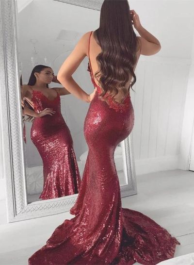 Backless Plunge Mermaid Sequined Evening Dresses With Lace