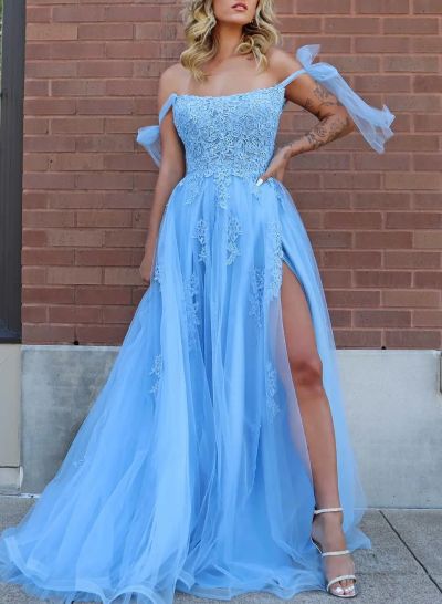 Off-The-Shoulder Lace A-Line Tulle Evening Dresses