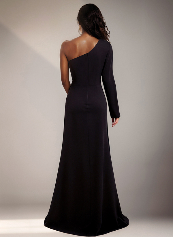 Black One-Shoulder Long Sleeves Evening Dresses With Split Front