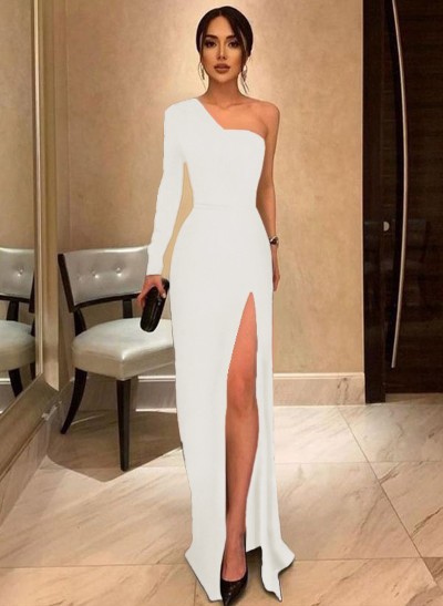 Black One-Shoulder Long Sleeves Evening Dresses With High Split