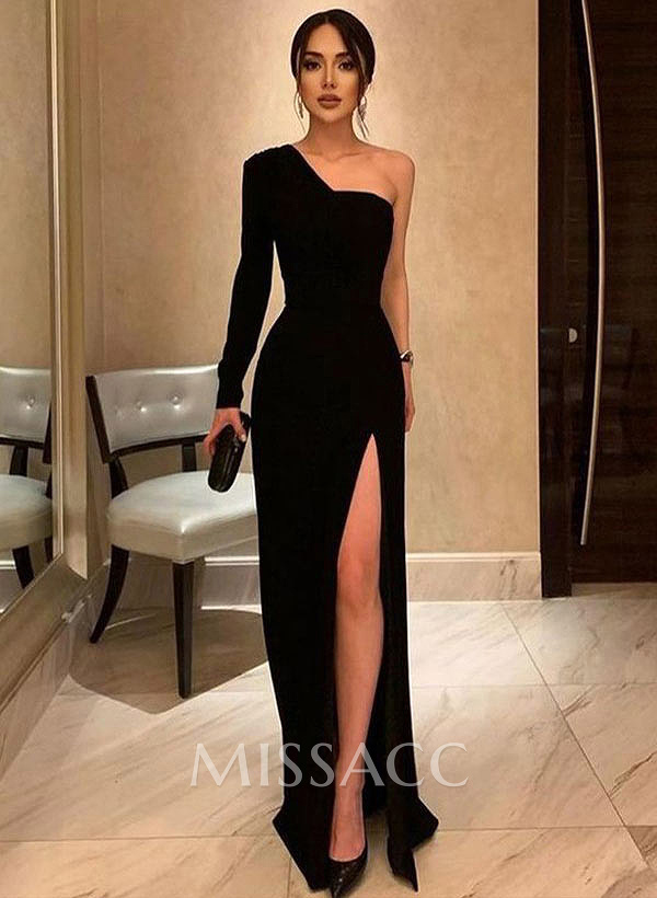 Black One-Shoulder Long Sleeves Evening Dresses With High Split Black One-Shoulder Long Sleeves Evening Dresses With High Split
