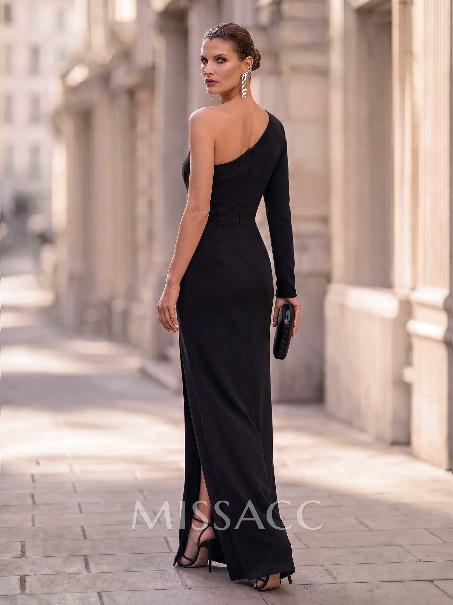 Black One-Shoulder Long Sleeves Evening Dresses With High Split
