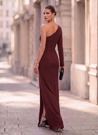 Black One-Shoulder Long Sleeves Evening Dresses With High Split