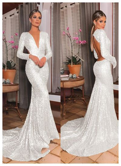 Trumpet/Mermaid V-Neck Long Sleeves Sequined Evening Dresses With Back Hole
