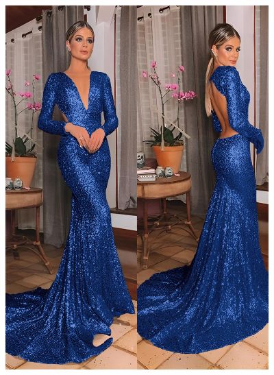 Trumpet/Mermaid V-Neck Long Sleeves Sequined Evening Dresses With Back Hole