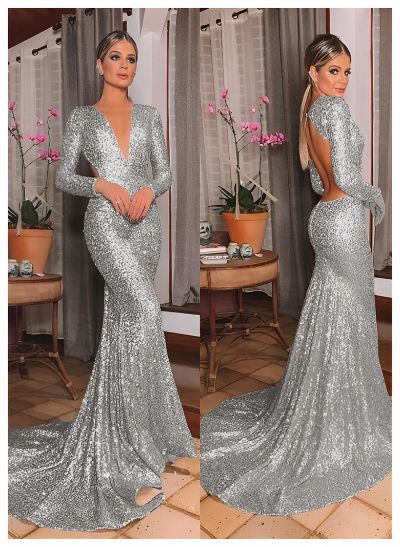 Trumpet/Mermaid V-Neck Long Sleeves Sequined Evening Dresses With Back Hole