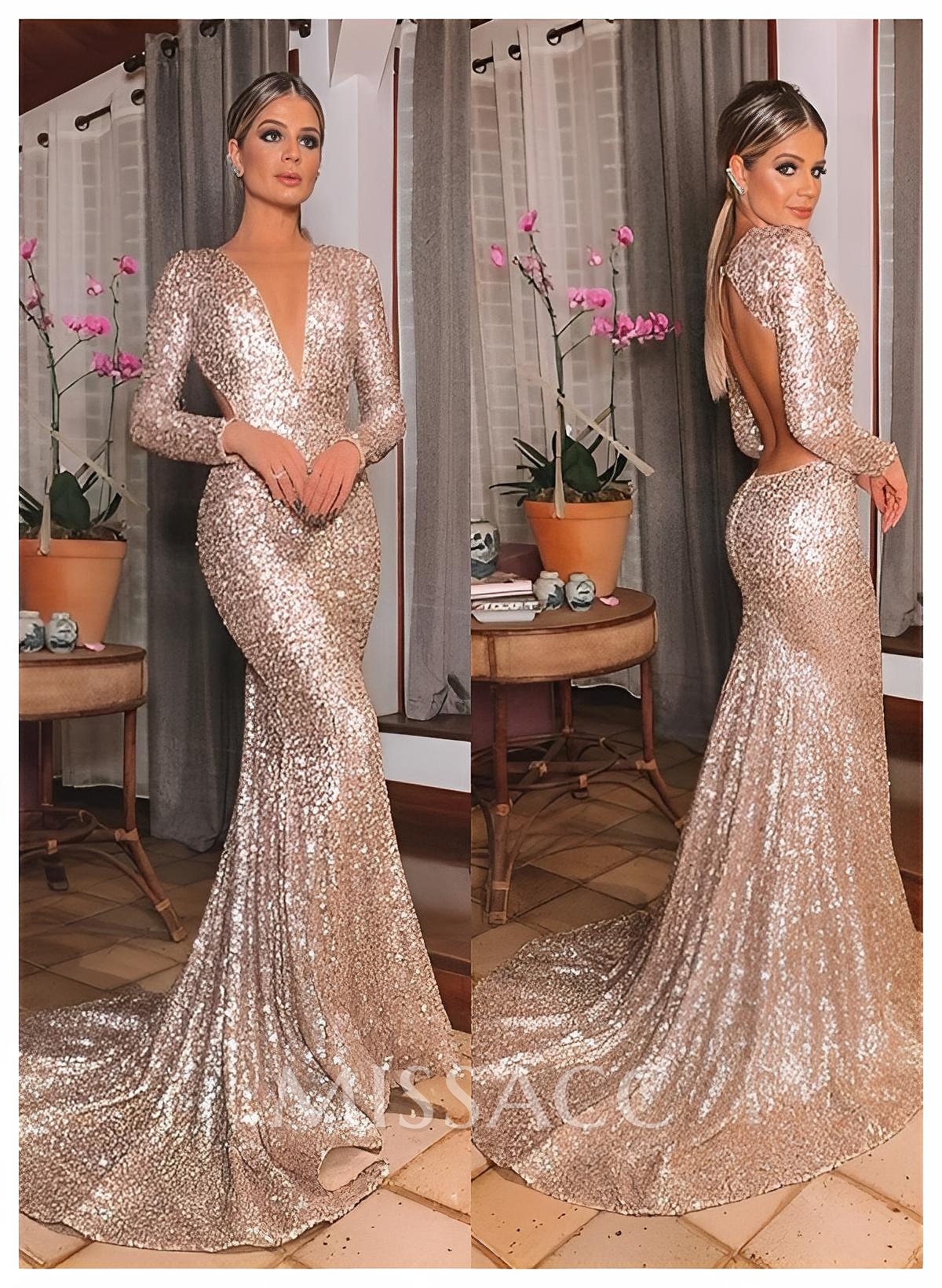 Trumpet/Mermaid V-Neck Long Sleeves Sequined Evening Dresses With Back Hole