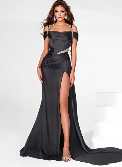 Black Slit Sparkly Long Evening Dresses With Charmeuse