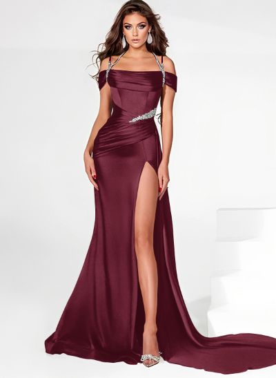 Black Sparkly Long Evening Dresses with a Slit and Charmeuse