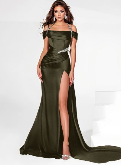 Black Sparkly Long Evening Dresses with a Slit and Charmeuse