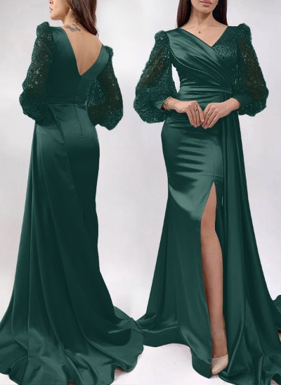 V-Neck Long Sleeves Sheath/Column Evening Dresses With Silk Like Satin