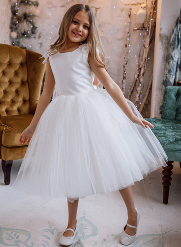 Ball-Gown Scoop Neck Tulle Flower Girl Dresses With Bow(s)/Flower(s)