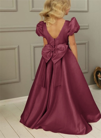 A-Line Scoop Neck Short Sleeves Satin Flower Girl Dresses With Bow(s) A-Line Scoop Neck Short Sleeves Satin Flower Girl Dresses With Bow(s)