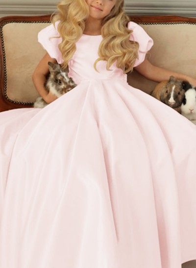 A-Line Scoop Neck Short Sleeves Satin Flower Girl Dresses With Bow(s)