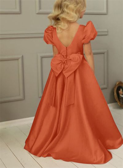 A-Line Scoop Neck Short Sleeves Satin Flower Girl Dresses With Bow(s)