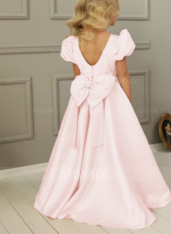 A-Line Scoop Neck Short Sleeves Satin Flower Girl Dresses With Bow(s)