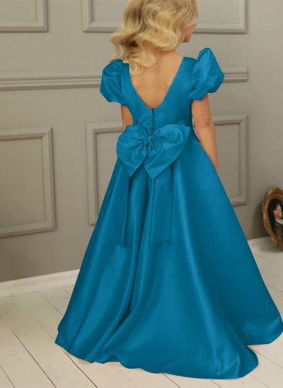 A-Line Scoop Neck Short Sleeves Satin Flower Girl Dresses With Bow(s)