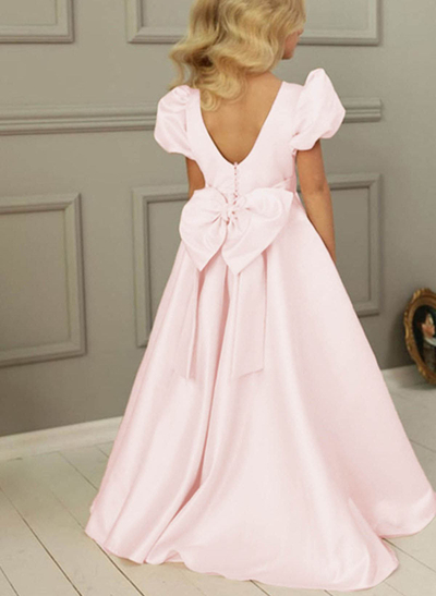A-Line Scoop Neck Short Sleeves Satin Flower Girl Dresses With Bow(s)