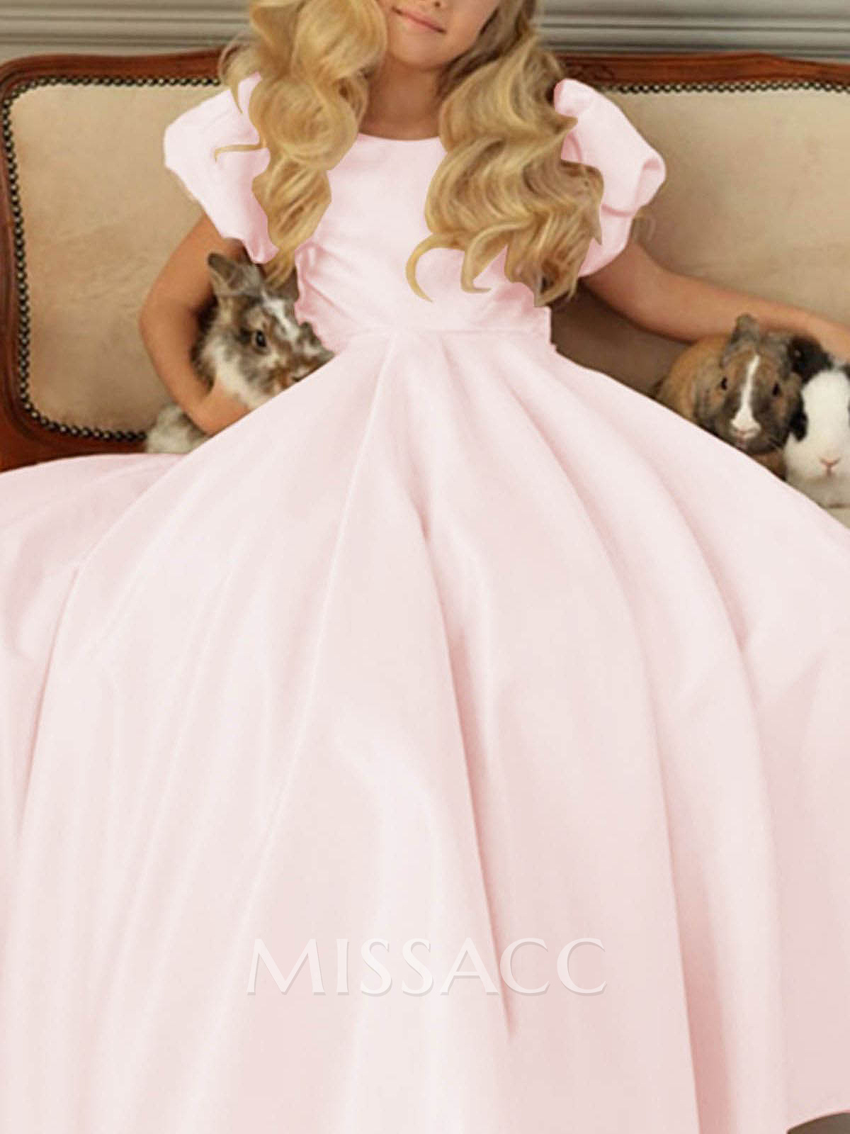 A-Line Scoop Neck Short Sleeves Satin Flower Girl Dresses With Bow(s)
