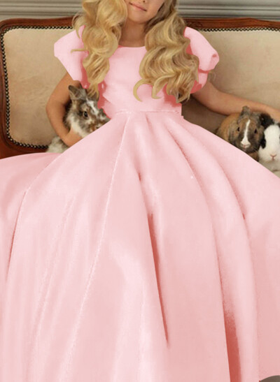 A-Line Scoop Neck Short Sleeves Satin Flower Girl Dresses With Bow(s)