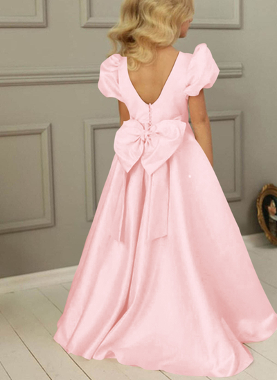 A-Line Scoop Neck Short Sleeves Satin Flower Girl Dresses With Bow(s)