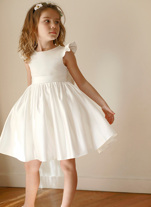A-Line Scoop Neck Sleeveless Satin Flower Girl Dresses With Bow(s)/Beading