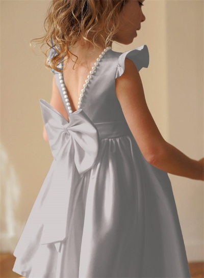 A-Line Scoop Neck Sleeveless Satin Flower Girl Dresses With Bow(s)/Beading
