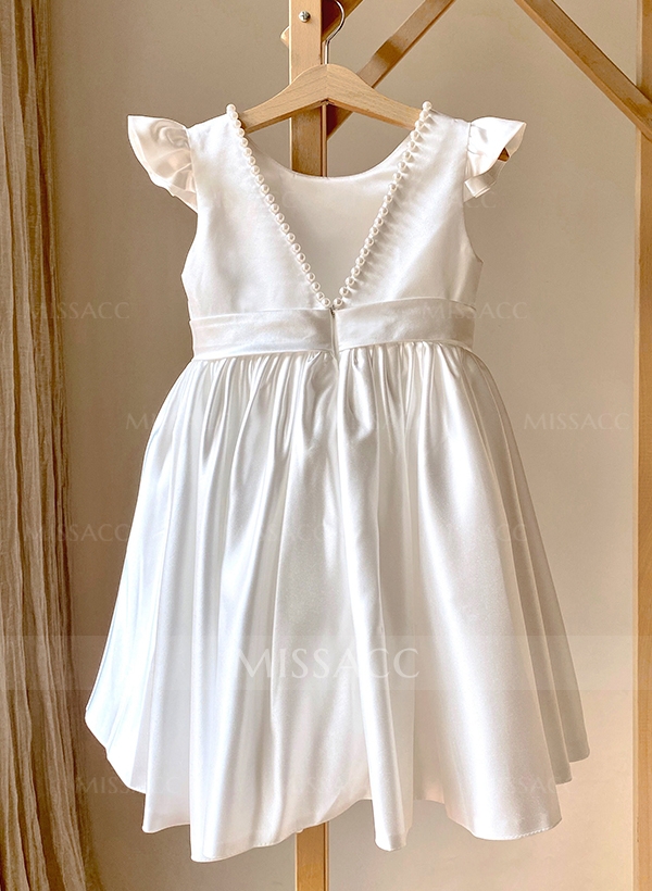 A-Line Scoop Neck Sleeveless Satin Flower Girl Dresses With Bow(s)/Beading