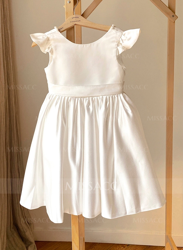 A-Line Scoop Neck Sleeveless Satin Flower Girl Dresses With Bow(s)/Beading