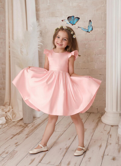A-Line Scoop Neck Sleeveless Satin Flower Girl Dresses With Bow(s)/Beading