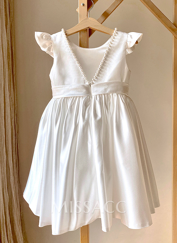 A-Line Scoop Neck Sleeveless Satin Flower Girl Dresses With Bow(s)/Beading