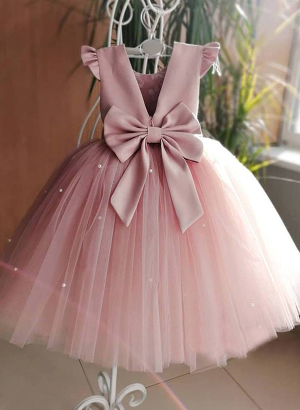 Ball-Gown Scoop Neck Satin/Tulle Flower Girl Dresses With Bow(s)/Beading