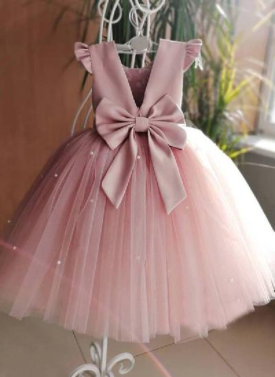 Ball-Gown Scoop Neck Satin/Tulle Flower Girl Dresses With Bow(s)/Beading