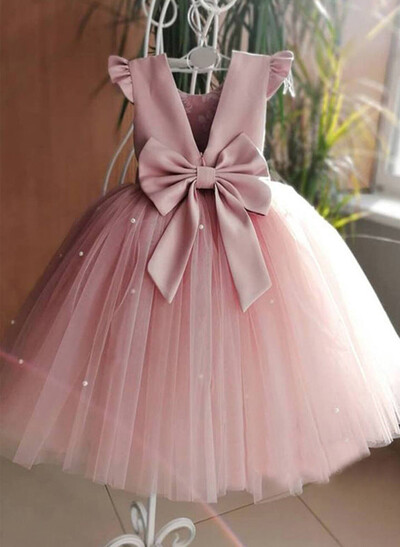 Ball-Gown Scoop Neck Satin/Tulle Flower Girl Dresses With Bow(s)/Beading
