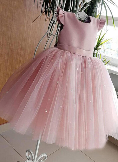 Ball-Gown Scoop Neck Satin/Tulle Flower Girl Dresses With Bow(s)/Beading