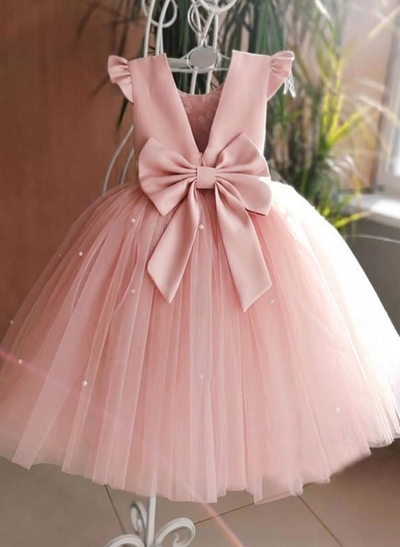 Ball-Gown Scoop Neck Satin/Tulle Flower Girl Dresses With Bow(s)/Beading