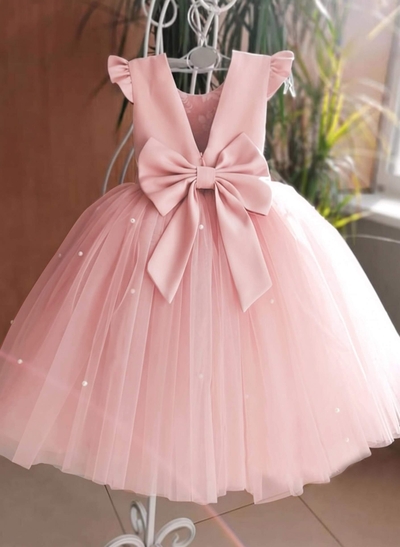 Ball-Gown Scoop Neck Satin/Tulle Flower Girl Dresses With Bow(s)/Beading