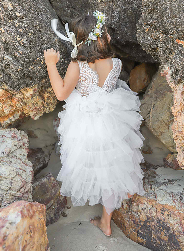A-Line Scoop Neck Lace/Tulle Flower Girl Dresses With Cascading Ruffles