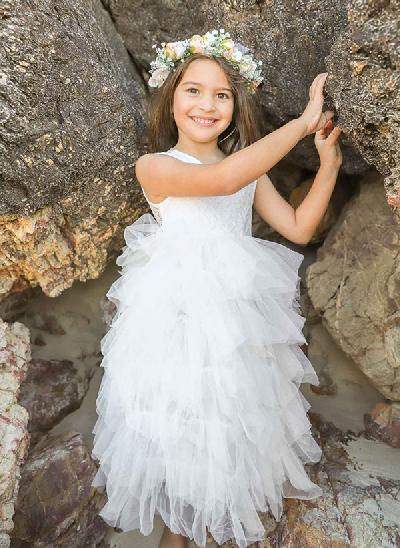 A-Line Scoop Neck Lace/Tulle Flower Girl Dresses With Cascading Ruffles