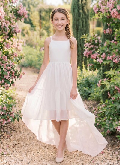 A-Line Square Neckline Sleeveless Asymmetrical Chiffon Flower Girl Dresses
