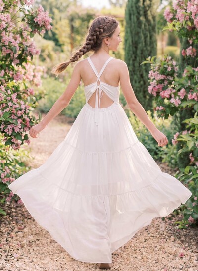 A-Line Square Neckline Sleeveless Asymmetrical Chiffon Flower Girl Dresses
