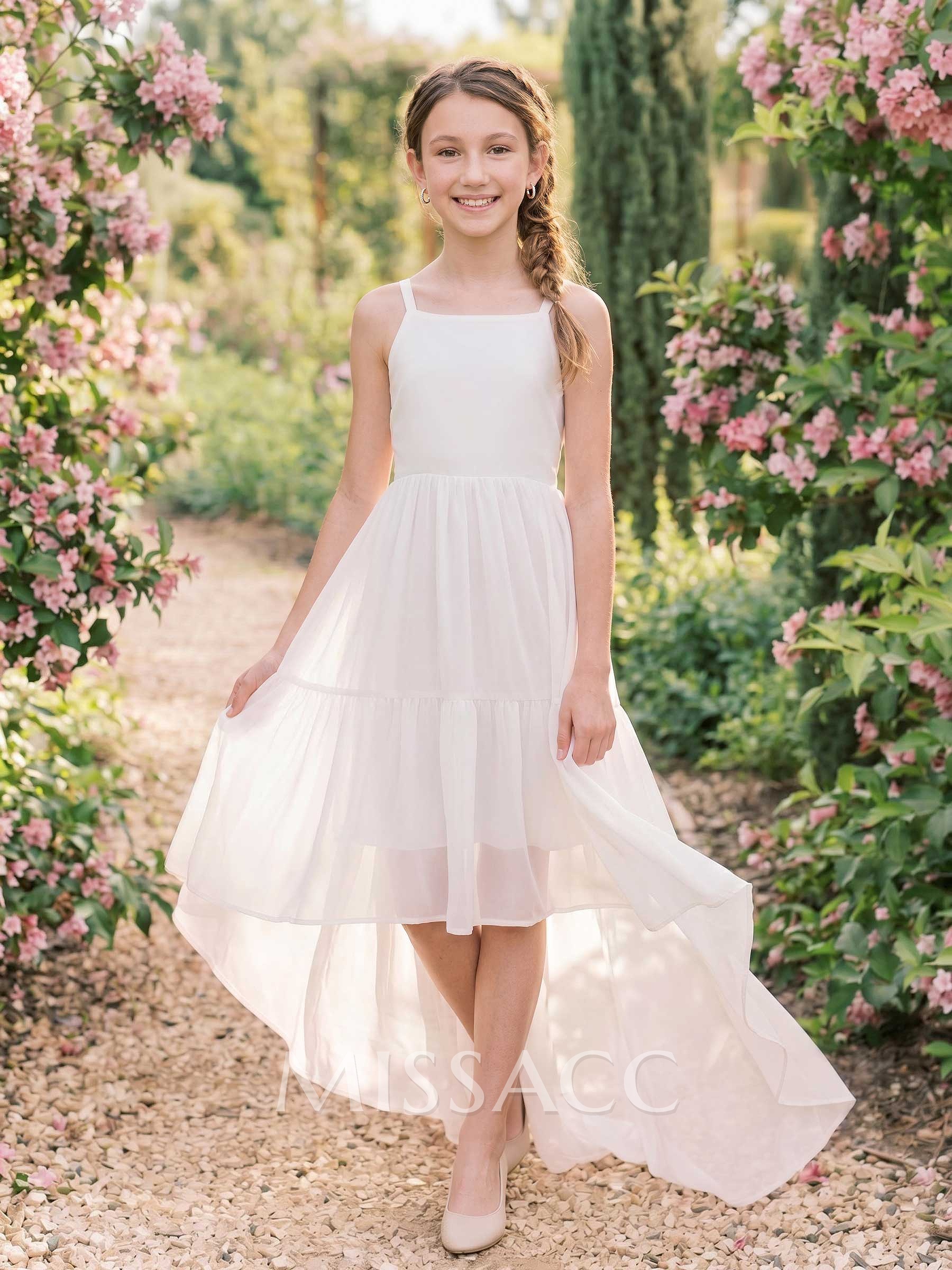 A-Line Square Neckline Sleeveless Asymmetrical Chiffon Flower Girl Dresses